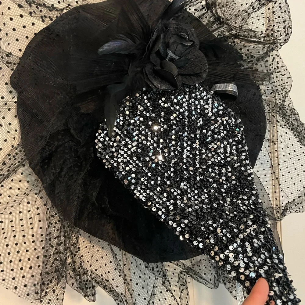 Black and Silver Witch Hat with Sheer Polka Dot Ruffle